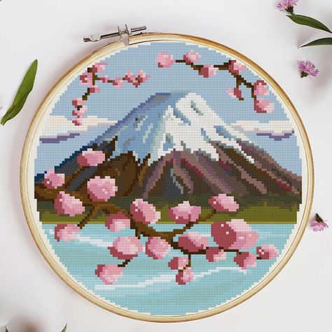 Cherry Blossom Cross Stitch, Funny Embroidery, Monte Fuji, Sakura Bloom, Art Pixel, Japan Landscape, Mont Fuji, Nature Cross Stitch, Small Cross Stitch