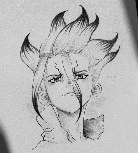 Senku is from the Dr. Stone manga series. It’s also an anime that can be watched on Crunchyroll if you’re interested. I think one of my favorite physical features about this character is his hair. Love this anime character drawing idea and reference. Naruto Sketch Drawing, Drawing Eyes, Naruto Sketch, Best Anime Drawings, Dr Stone, Book Drawing, Anime Drawing, Sketches Easy, Color Pencil Drawing