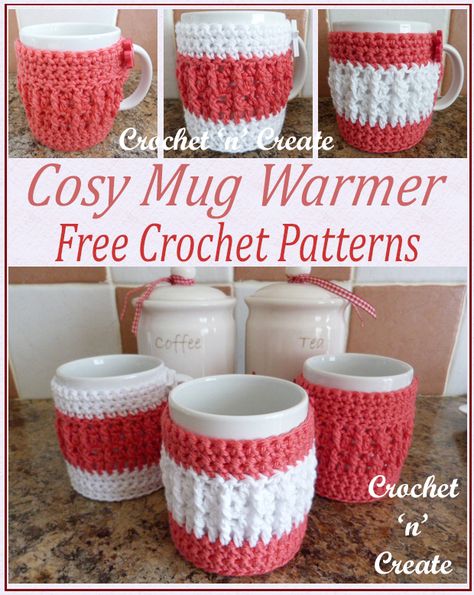 Christmas gift ideas, crochet this free crochet cosy mug warmer pattern for your family and friends, find it on crochetncreate.com Knitted Baskets, Crochet Cozies, Cup Cozy Crochet Pattern, Mug Cozy Pattern, Crochet Mug, Crochet Mug Cozy, Kitchen Crochet, Coffee Cozies, Crochet Coffee Cozy