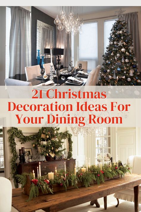 The dining room is the perfect place to extend your Christmas decor ideas. Christmas Decorated Sideboard, Dining Room Hutch Christmas Decor, Christmas Dining Room Buffet Decorations, Elegant Christmas Dining Room Decor, Simple Dining Room Christmas Decor, Formal Dining Room Christmas Decor, Decorating Dining Room For Christmas, Christmas Buffet Decor Ideas, Dining Room Holiday Decor