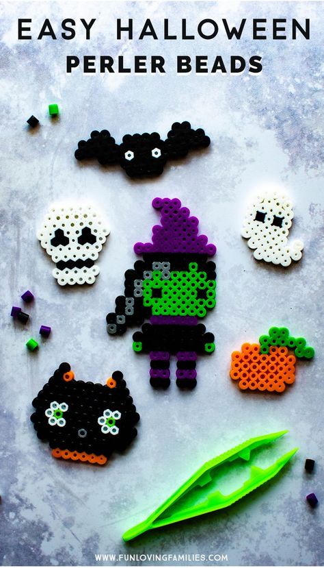 These easy Halloween Perler bead patterns are great for Halloween kids crafts. Click through to grab the printable patterns. #halloween #perlerbeads #kidscrafts Halloween Perler Bead Patterns, Halloween Perler, Melty Bead Patterns, Hama Beads Design, Perler Bead Templates, Diy Perler Bead Crafts, Halloween Beads, Diy Perler Beads, Bead Weaving Patterns