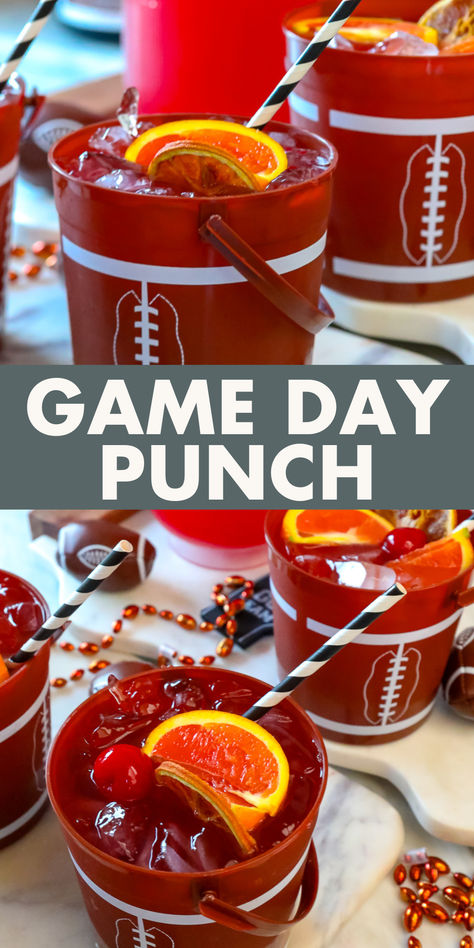 Kick off game day with this crowd-pleasing Football Punch! A winning combo of light rum, Red, White & Berry Vodka, Grand Marnier, and refreshing pineapple and blueberry juices makes this punch perfect for your next football party. Easy to make, this punch will be the MVP of your tailgate or watch party! Football Drinks Alcohol, Tailgating Cocktails Football, Drinks For Football Party, Game Day Drinks Alcohol, Game Day Cocktails Football Season, Game Day Drinks Football, Tailgate Cocktails Football, Football Punch Alcohol, Football Themed Cocktails