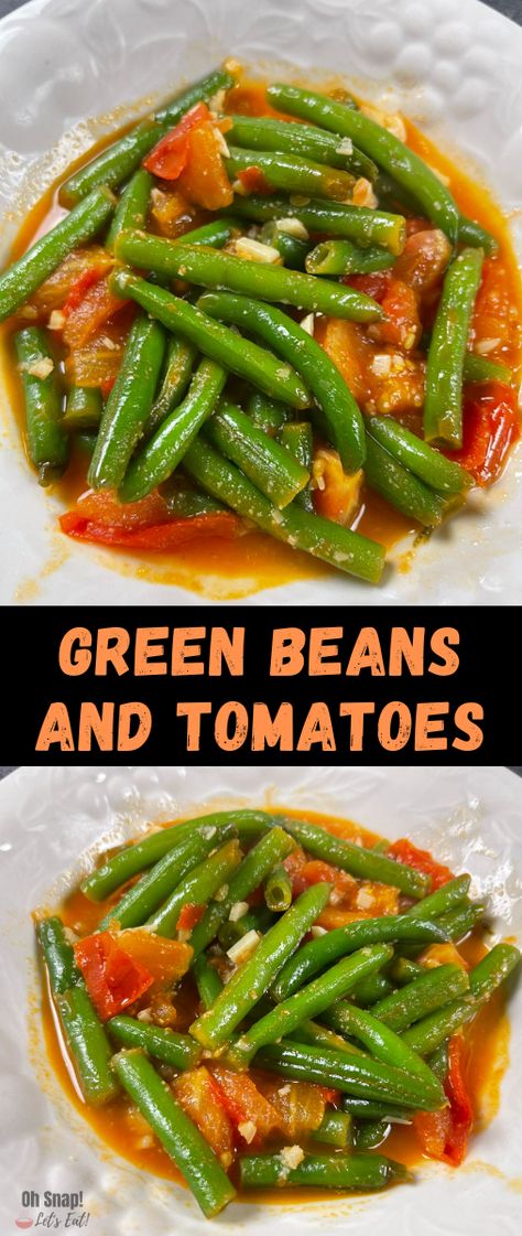 Green Beans and Tomatoes is an easy and delicious veggie dish to make!  I absolutely love the flavor of the buttery garlicky tomato sauce! Green Beans And Tomatoes Pioneer Woman, Italian Green Beans With Tomatoes, Stewed Green Beans And Tomatoes, Green Beans Tomatoes Recipes, Green Beans And Tomatoes Recipes, Green Bean And Tomato Recipe, Greek Green Beans With Tomatoes, Smoked Green Beans, Baked Green Tomatoes