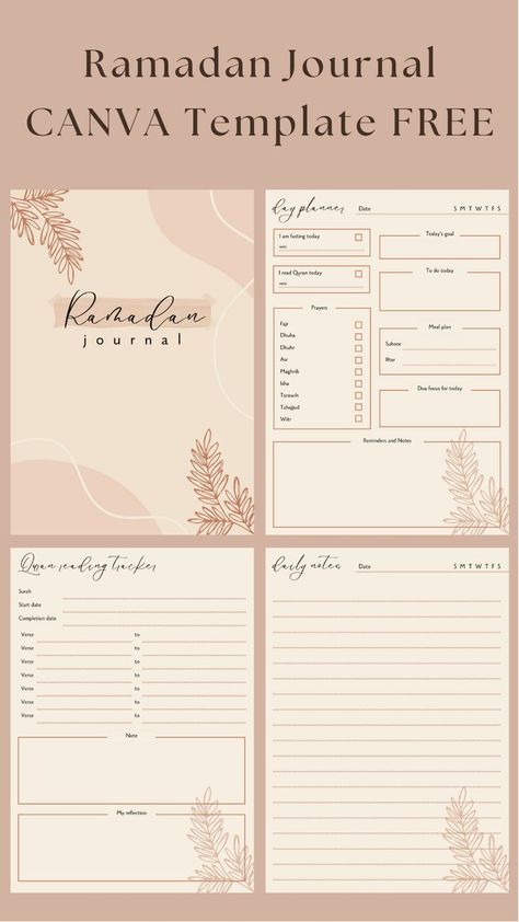 Ramadan Journal CANVA FREE Template. There is also Qur’an Reading Tracker, Daily Planner and Notes, Weekly Meal Plan, Habit Tracker. Follow to get more inspiration. #canva #template #free #planner | GET SPECIAL 35% when you purchase an annual Canva Pro subscription https://partner.canva.com/c/3685232/1486372/10068 Mom Planner Printables Free, Ramadan Journal, Daily Planner Book, Exam Planner, Simple Daily Planner, Ramadan Prayer, Weekly Schedule Planner, Daily Planner Printables Free, Free Daily Planner