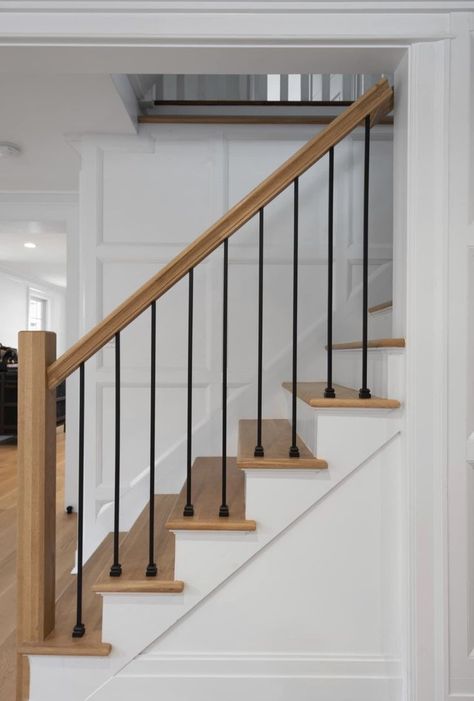 #stairsdecor #diy #homdecor Stair Railing Ideas Craftsman, Wooden And Metal Staircase, Metal And Wood Banister, Light Staircase Ideas, Partial Stair Railing, White Railings For Stairs, Railings For Stairs Wood, Modern Indoor Stair Railing, Stairs With Wooden Railing