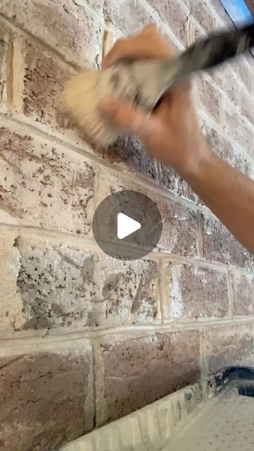 Sponge Paint Fireplace Brick, White Brick Wall Decor Ideas, Paint On Brick Wall, Fireplace Whitewash Brick, Limewash Chimney, Painting Brick Walls Interior, How To Lime Wash Brick Fireplace, Brick Sponge Painting, Brick Stain Interior