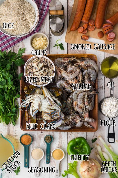 ingredients image for a seafood gumbo Gumbo Seasoning Recipes, Fish Gumbo Recipe, New Orleans Gumbo Recipe Louisiana, Traditional Gumbo Recipe, Cajun Seafood Gumbo Recipe Louisiana, New Orleans Food Recipes Louisiana, Louisiana Gumbo Recipe Authentic, Bayou Recipes, Gumbo Recipe Authentic