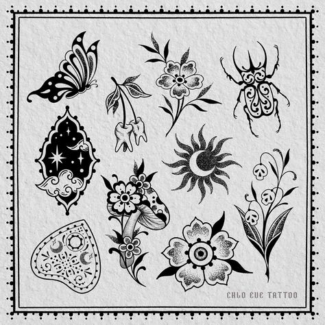 Halloween flash tattoos, insects, florals, mushroom, creepy #repeatable designs #leedstattoo #halloweenflash #tattooflash Halloween Tattoo Flash Sheet, Deadly Nightshade Tattoo, Nightshade Tattoo, Eve Tattoo, Halloween Tattoo Flash, Tattoo Flash Ideas, Halloween Flash, Deadly Nightshade, Sorry Mom