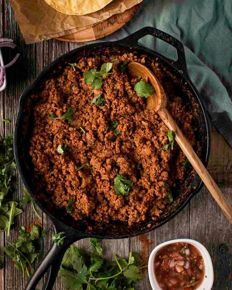 Easy TVP Taco Meat Recipe (Vegan, 10 Minutes) - Shane & Simple Vegan Taco Meat Recipe, Baked Taco Shells, Starch Diet, Taco Meat Recipe, Vegan Tacos Recipes, Vegan Tacos Meat, Vegan Ground Beef, Vegan Meatloaf, Seitan Recipes