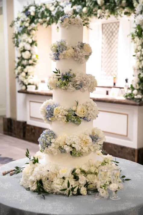 Classic & Elegant at the Crescent - John Cain Photography | Dallas TX Blue Floral Wedding Cake, Wedding Cake 5 Tier, Wedding Cake With Blue, Cake 5, Floral Wedding Cake, Wedding Cakes Blue, Modern Wedding Cake, White Florals, Best Wedding Planner