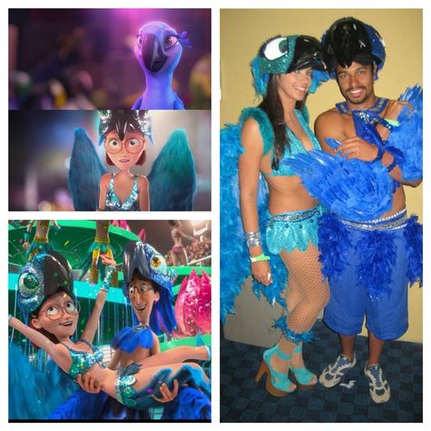 Remembering our 2011 Halloween costumes inspired in the movie Rio #rio #riomovie #halloween #halloweencostume Blue And Jewel Rio Costume, Rio Halloween Costume Couple, Rio Costume Couple, Rio Birds Costume, Rio Movie Costume, Rio Couple Costume, Rio Costume Women, Luca Halloween Costume, Rio Bird Costume