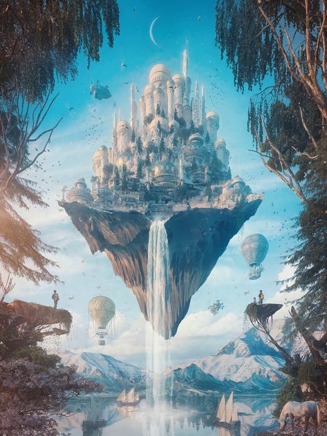 Illustration Kunst, Illustration Fantasy, Floating City, Fantasy City, Fantasy Castle, Fantasy Places, Art Et Illustration, Fantasy Art Landscapes, Fantasy Concept Art