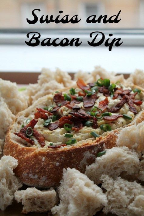 Swiss and Bacon Dip | How to be Awesome on $20 a Day Cheese Bacon Dip, Celebrating Yule, Bacon Dip, Rachael Ray Recipes, Simple Thanksgiving, Baked Bacon, Best Party Food, Bread Bowl, Kinds Of Cheese