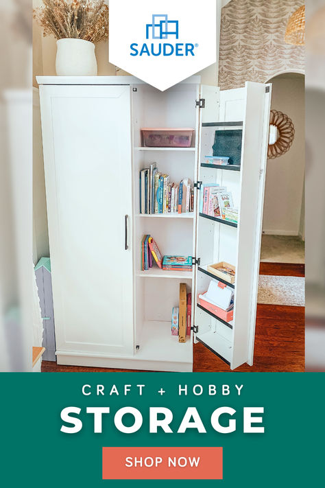 The storage cabinet from the HomePlus collection, finished in a sleek Soft White® provides one fixed shelf and two adjustable shelves to store anything from craft supplies to games, books or pantry items! With a swing-out storage door that has 3 adjustable and 3 fixed shelves for additional storage, the customizable storage options abound. The swing-out door of this storage cabinet can be affixed to either the left or the right side. Cord access through the back panel and adjustable base leveler Fold Out Storage Cabinet For Craft Supplies, Cube Storage For Art Supplies, Macrame Supplies Storage Ideas, Craft Room Guest Room Combo, Junk Journal Supply Storage, Best Storage Rack For Craft Ribbon Lots, Wardrobe Storage Cabinet, Farmhouse Storage Cabinets, Craft Storage Cabinets