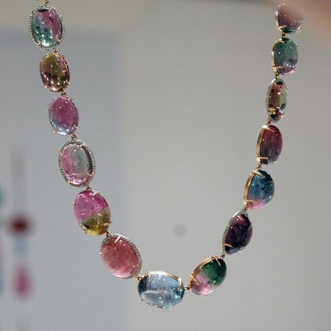 Bi-colour tourmaline necklace with diamonds | Irene Neuwirth | The Jewellery Editor Watermelon Tourmaline Jewelry, Colourful Jewellery, Inexpensive Jewelry, The Bling Ring, Golden Chain, Color Jewelry, Irene Neuwirth, Tourmaline Jewelry, Tourmaline Necklace