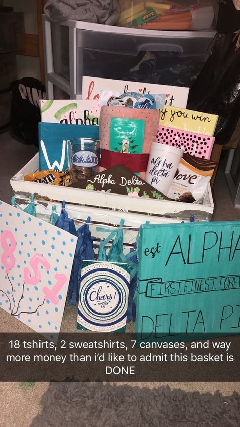 Sorority Initiation Basket, Agd Canvas, Initiation Ideas, Initiation Basket, Sorority Initiation, Sorority Baskets, Big/little Baskets, Sorority Pins, Big Little Basket