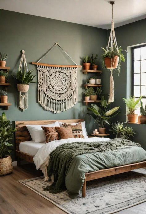 39 Sage Green Farmhouse Bedroom Ideas: Trendy Rustic Chic 6 Plant Bedroom Inspirations, Modern Rustic Bedroom Ideas Small Spaces, Cute Room Ideas Green, Green Toned Bedroom, Small Dark Green Bedroom, Sage Boho Bedroom, Rustic Bedrooms Ideas, Green Bedspread Room Ideas, Boho Accent Wall Bedroom