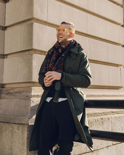 Chris Black Wears Our City Raincoat (In the City) | Drake's Chris Black, Workwear Menswear, Guys Style, Handsome Devil, Scarf Bandana, Mens Fashion Inspiration, Black Outfits, Bird Of Paradise, Mens Style