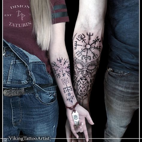 Design/Tattoos by @DimonTATURIN @VikingTATTOOS . . . . #dimontaturin #taturinart #tallinntattoo #tattooestonia #nordictattoo #vikingtattoo #vikingtattoos #viking #wiking #tattoo #tattooedfamily #vikingfamily Couple Tattoos Viking, Viking Couple, Tattoos Viking, Viking Compass Tattoo, Married Couple Tattoos, Viking Tattoo Symbol, Viking Tattoo Sleeve, Wolf Tattoo Sleeve, Couple Tattoos Unique