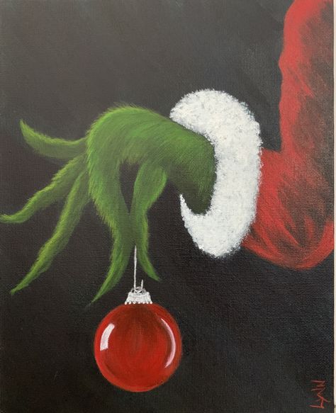 Grinch Christmas Paintings On Canvas, Grinch Hand With Ornament Painting, Grinch Easy Painting, Whoville Painting, Grinch Hand Painting, Grinch Acrylic Painting, Grinch Christmas Painting, Easy Grinch Painting, Grinch Painting Ideas