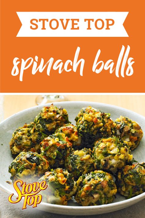 Stuffing Spinach Balls, Stove Top Stuffing Appetizers, Spinach Balls Made With Stove Top Stuffing, Stove Top Appetizers, Spinach Stuffing Balls Recipe, Spinach Stuffing Balls, Stuffing Balls With Stove Top, Spinach Balls With Stuffing Mix Recipe, Stuffing Balls Recipe Stove Top