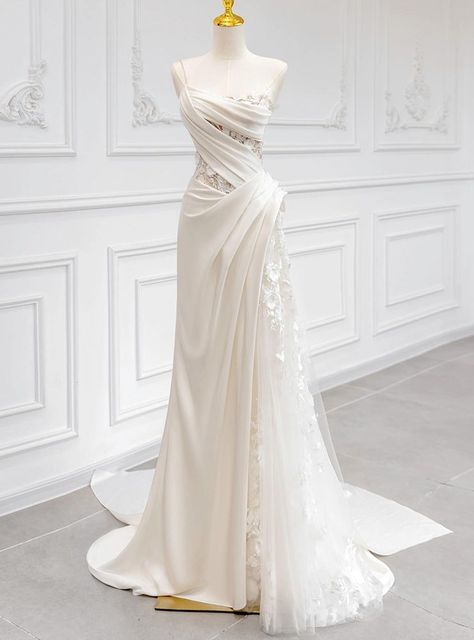 Sexy White Satin Strapless Pleats Flower Wedding Dress -  #Dress #Flower #Pleats #Satin #Sexy #Strapless #Wedding #White Off Shoulder Wedding Gown, Flower Wedding Dress, Light Wedding Dresses, Train Wedding, Bow Wedding Dress, Off Shoulder Gown, Light Wedding, Bridal Elegance, Wedding Dresses With Flowers