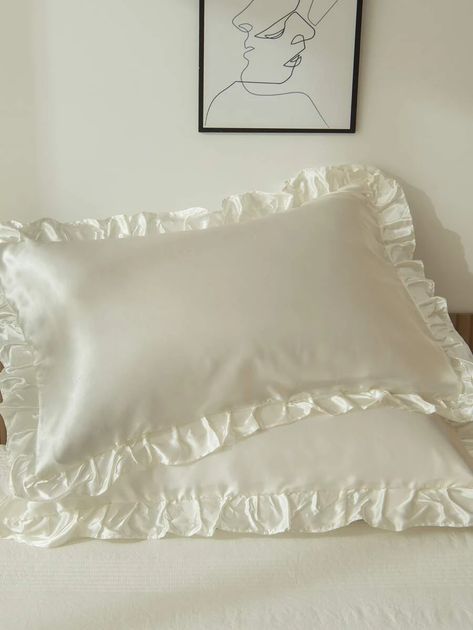 1pair Satin Ruffle Pillowcase Without Filler | SHEIN USA Ruffle Pillow Case, Easy Diy Room Decor, Ruffle Pillow, Aesthetic Room Ideas, Satin Pillow, Satin Bedding, Ruffle Bedding, Satin Pillowcase, Neutral Bedroom