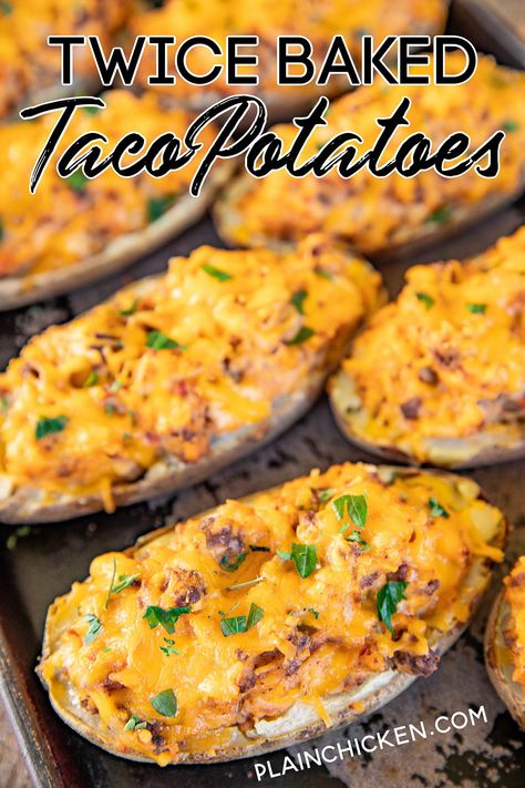 Taco Stuffed Potatoes, Taco Baked Potato Recipes, Taco Potatoes Casserole, Taco Baked Potato, Taco Potatoes, Mexican Chopped Salad, Taco Mexican, Baked Potato Skins, Potatoe Skins Recipe