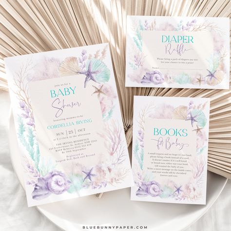 Under the Sea Baby Shower Invitation Bundle Ocean Mermaid Books for Baby Diaper Raffle Templates EDITABLE Download Set Turquoise Purple, OC2 Baby Diaper Raffle, Mermaid Books, Ocean Mermaid, Sea Baby Shower, Books For Baby, Diaper Raffle Tickets, Blue Bunny, Coral Reefs, Turquoise And Purple