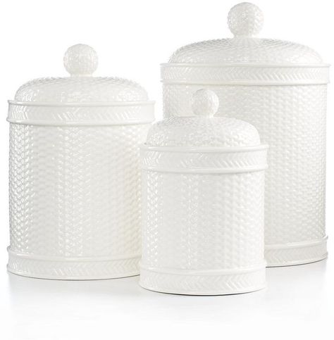 Beautiful Martha Stewart Collection Set of 3 Whiteware Basketweave Canisters | Farmhouse Decor #affiliatelink White Kitchen Canisters, At Home With Nikki, Martha Stewart Kitchen, Kitchen Tupperware, White Canisters, Elf Druid, Kitchen Counter Decor, Wood Elf, Pretty Kitchen