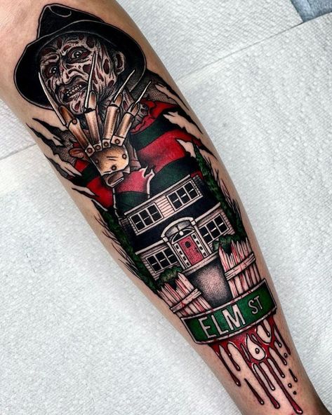 Fill In Tattoos, Tattoo Sleeve Themes, Freddy Krueger Tattoo, Cute Halloween Tattoos, Halloween Tattoos Sleeve, Horror Tattoos, Horror Movie Tattoos, Tattoos Sleeve, Movie Tattoo