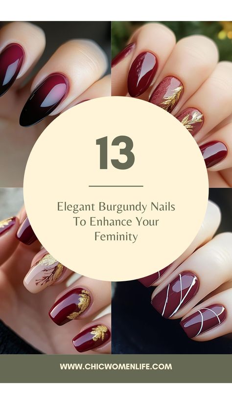 13 Elegant Burgundy Nails To Enhance Your Feminity Burgundy Nails Short Art Designs, Burgundy Ombre Nail Designs, Burgundy Nails With Gold Design, Burgundy And Champagne Nails, Burgundy Winter Nail Designs, Elegant Burgundy Nails, Maroon Design Nails, Burgundy Nails Designs Nailart, Burgundy Nail Designs Short