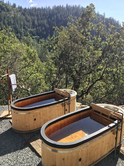 Outdoor soaking tubs at our new vacation rental in Oregon Japanese Soaking Tubs Outdoors, Ice Bath Outdoor, Outdoor Sauna And Ice Bath, Outdoor Cold Plunge Area, Sauna And Hot Tub Outdoor, Soaking Tub Outdoor, Outdoor Bathtub Ideas, Hot Tub Ideas Backyard, Ice Plunge