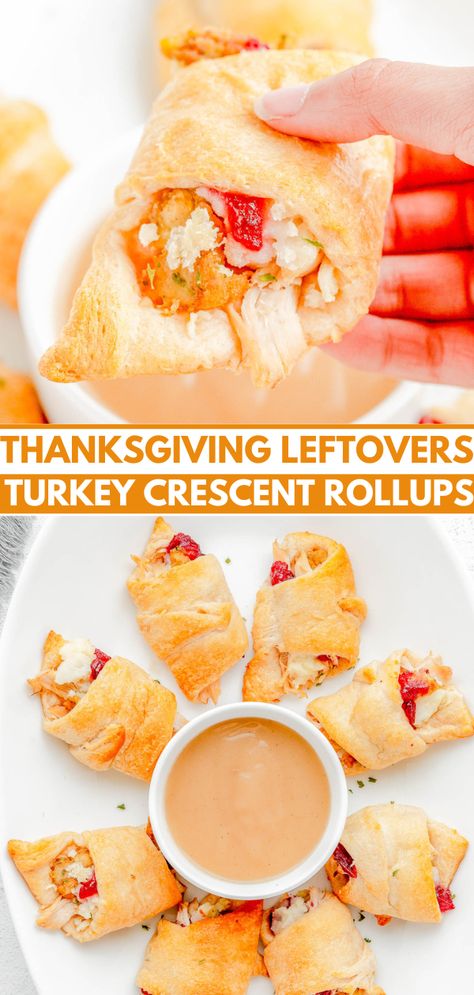 Thanksgiving Leftovers Turkey Crescent Rolls — Looking for a recipe to use a variety of your Thanksgiving leftovers? These stuffed crescent rolls are QUICK and EASY to make using leftovers from your Thanksgiving dinner including turkey, stuffing, mashed potatoes, and gravy! It’s a flexible recipe so feel free to use the leftovers you have on hand to make these crescent roll rollups. Turkey Pot Pie Easy, Easy Leftover Turkey Recipes, Stuffed Crescent Rolls, Homemade Turkey Soup, Mashed Potatoes And Gravy, Potatoes And Gravy, Turkey Soup Recipe, Thanksgiving Leftover Recipes, Turkey Casserole