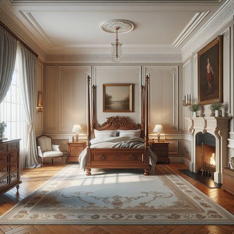 The room should include key elements such as a large wooden four-poster bed with a carved headboard, nightstands on either side, a wooden chest at the end of the bed and a fireplace. Walls are painted in soothing neutral tones, adorned with classic artwork. The windows draped with heavy curtains, allowing soft light to filter in. Ornate rugs on polished wooden floors and a tastefully chosen chandelier add to the colonial charm. This image should provide inspiration for a home remodel. Vintage Vibe Bedroom, Victorian Master Bed, Victorian Bedroom Ideas Master Suite, Victorian Homes Bedroom, Light Victorian Bedroom, Victorian Master Bedrooms Decor, Victorian Modern Bedroom, English Bedroom Classic, Tall Ceilings Bedroom