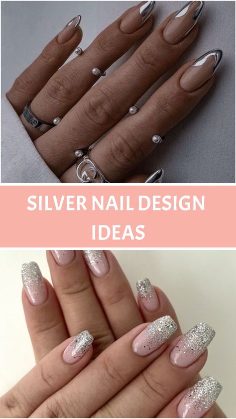 Silver Nail Design Ideas Silver Nails Ideas Glitter, French Tip Silver, Stiletto Shaped Nails, Silver Nail Polish, Moon Manicure, Silver Nail Designs, Nail Collection, Snowflake Nail Art, Sky Nails