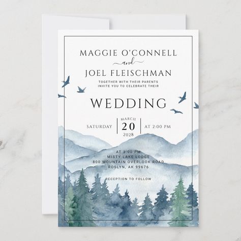 A rustic mountain forest watercolor wedding theme invitation. Soft and ethereal featuring the beauty of nature. Fall Mountain Wedding Colors, Watercolor Wedding Theme, Forest Wedding Invitations, Fall Mountain Wedding, Forest Wedding, Watercolor Wedding, Mountain Wedding, Backyard Wedding, Hat Crafts