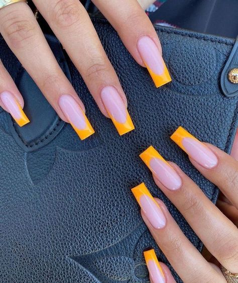 Yellow Orange French Tip Nails, Yellow Nails French Tip, Orange Yellow Nails, Color Nails Designs, French Tip Nails Long, Nails Hoco, Bridesmaid Nails, Tumblr Nail Art, Nail Simple