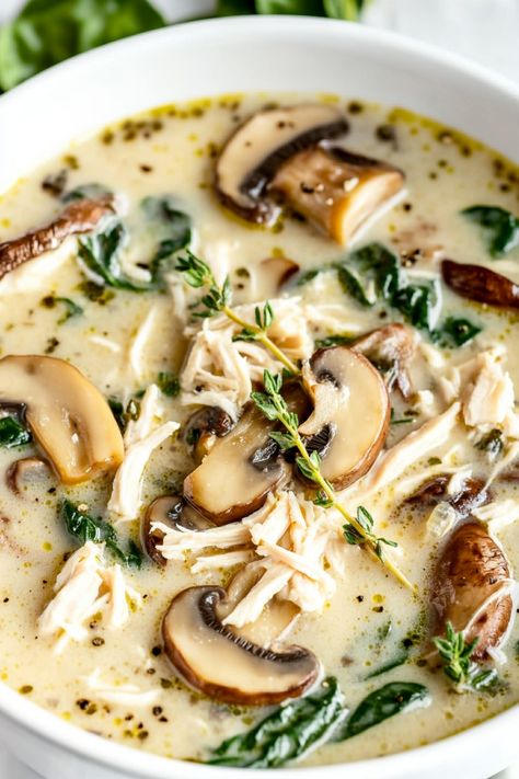 Indulge in the comforting flavors of a hearty rotisserie chicken and mushroom soup. This soul-warming dish is perfect for chilly days or whenever you need a delicious pick-me-up. The tender rotisserie chicken adds a rich, savory depth to the earthy mushrooms, creating a delightful marriage of flavors in every spoonful. Whether you're looking for a cozy meal or wanting to impress your guests with a flavorful homemade soup, this recipe will surely become a favorite in your kitchen. Chicken Mushroom Stew, Rotisserie Chicken And Mushroom Soup, Rotisserie Chicken Ideas Meals, Chicken Soup Whole Chicken, Chicken Stock Soup, Chicken Soup From Rotisserie Chicken, Rotisserie Chicken And Gravy, Rotisserie Chicken Mushroom Soup, Chicken And Mushroom Soup Recipes