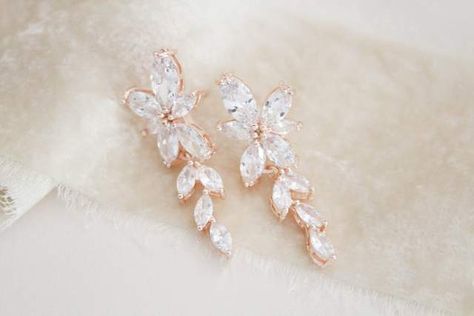 Wedding Jewelry And Accessories, Rose Gold Bridal Earrings, Rose Gold Leaf, Rose Gold Wedding Jewelry, Silver Bridal Earrings, Gold Bridal Necklace, Stones Earrings, Crystal Bridal Earrings, Bridal Earrings Drop