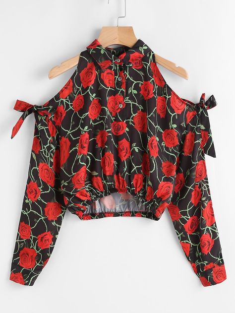 Cheap Rose Print Cold Shoulder Split Sleeve Crop Blouse for sale Australia | SHEIN Fancy Tops, Split Sleeve, Fashion Tops Blouse, Trendy Fashion Tops, Trendy Blouses, Crop Top Outfits, Causual Outfits, Cute Comfy Outfits, Women Blouses