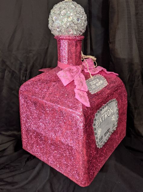 Made with Cardboard, Twine and Paper Mache. Decorated with Acrylic Paint, Glitter and Gemstones. Pinata Ideas, Patron Tequila, Piñata Ideas, Alcohol Bottles, 21st Birthday, Paper Mache, Tequila, Twine, Acrylic Paint