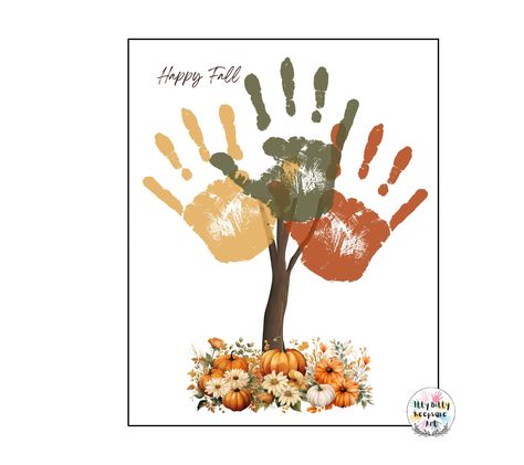 Happy Fall Tree Handprint Craft Art Printable Template / Autumn Activity / Fall Crafts / Pumpkin Pumpkin Handprint, Tree Handprint, Handprint Template, Handprint Printable, Hand Print Tree, Template Craft, Add Kids, Fall Artwork, File Template