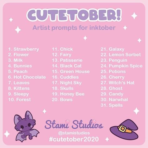 Kawaii Drawing Prompts, Artist Prompts, Inktober Prompts, 30 Day Art Challenge, Art Journal Challenge, 30 Day Drawing Challenge, Prompt List, Drawing Challenges, Art Style Challenge