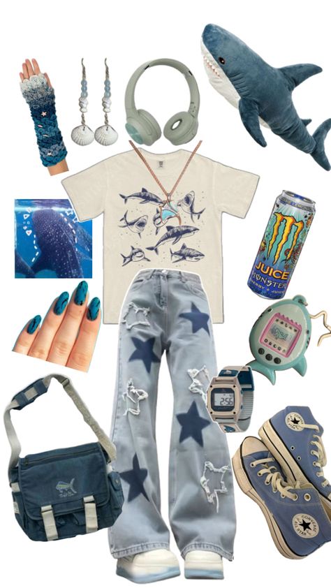 Shark outfit! Grungy Outfit, Shark Clothes, Kidcore Fashion, Shark Outfit, Shark Dress, Soft Grunge Outfits, Silly Clothes, Backpack Clothes, Hoodie Aesthetic