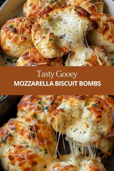 Gooey Mozzarella Biscuit Bombs What To Make With Mozzarella Cheese, Recipes Using Mozzarella Cheese, Mozzarella Biscuits, Mozzarella Balls Recipe, Soft Biscuits, Grand Biscuit Recipes, Meal Sides, Festive Snacks, Pizza Ball