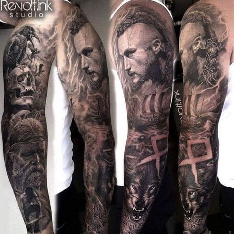 tattoo-nordisch-wolf-vogel-schädel-ragnar-tattooärmel Ragnar Tattoo, Ragnar Lothbrok Tattoo, Viking Warrior Tattoos, Pagan Tattoo, Viking Tattoo Sleeve, Vikings Tattoo, Symbole Viking, Warrior Tattoos, Norse Tattoo