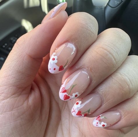 Cherry Heart Nails, Cute Cherry Nails, Cherry French Tip Nails, Cherry French Tip, Heart Cherries, Tulip Nails, Acrylic Nails Almond Shape, Neon Yellow Nails, Vday Nails