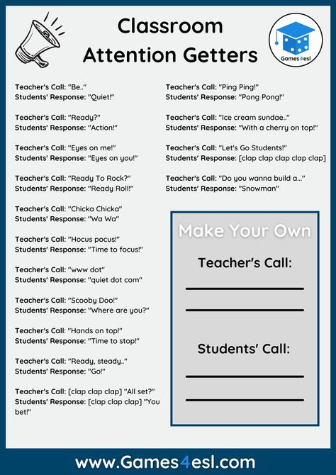 Try these classroom attention getters when your class is being to noisy. These are 15 fun call and response attention getters. Download and print and get students to make their own. Classroom Attention Getters, Classroom Attention Grabbers, Substitute Teacher Resources, Teaching Classroom Management, Attention Getters, Kindergarten Songs, Substitute Teaching, Classroom Strategies, Classroom Behavior Management