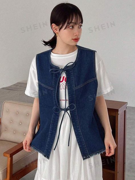 FRIFUL Women's Denim Vest Jacket With Frayed Hem And Drawstring | SHEIN Oversized Blue Denim Vest Casual, Oversized Denim Vest Outfit, Sleeveless Denim Vest For Streetwear, Oversized Trendy Denim Vest, Oversized Blue Denim Vest, High-waist Denim Blue Denim Vest, Red Boots Outfit, Denim Vest Outfit, Womens Denim Vest